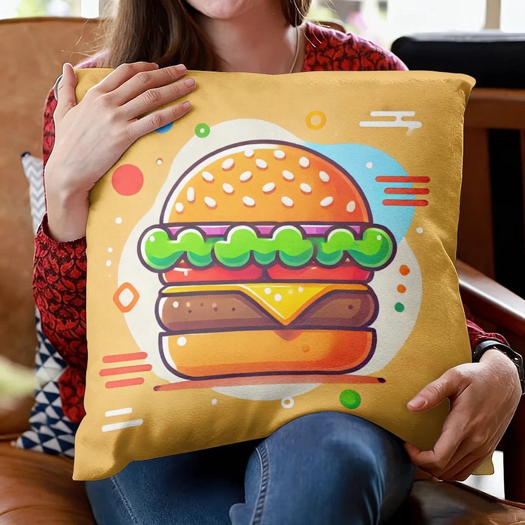 Cute Cartoon Burger Pillow Case, Fast Food Pattern Cushion Cover, Kawaii Kitchen Decor for Sofa Bedroom Living Room Kids Gift