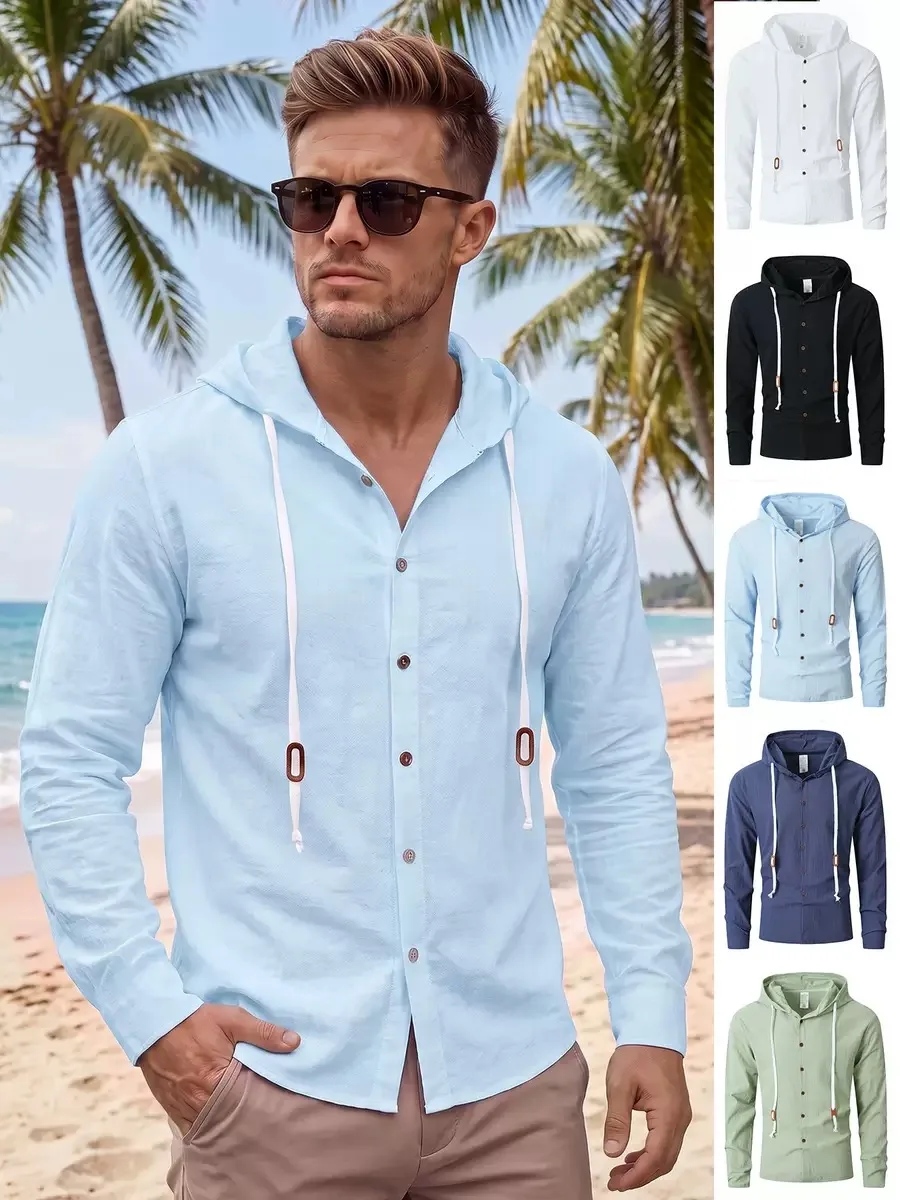 2026 New hot Men's Solid Linen Long Sleeve Hooded Shirt Casual Streetwear Button Top Loose Fit Cardigan Clothing for Men