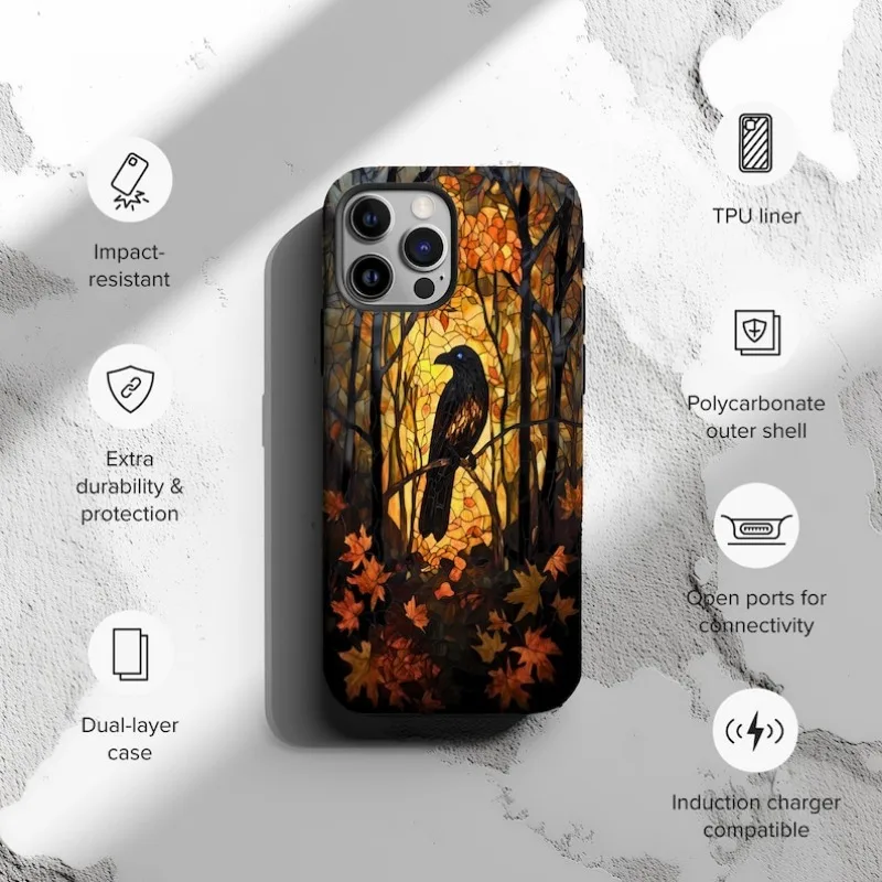 Gothic Fall Raven Faux Phone Case For IPHONE 16 15PRO MAX 14 13 12 11 Acrylic TPU Two in one magnetic Phone Cases