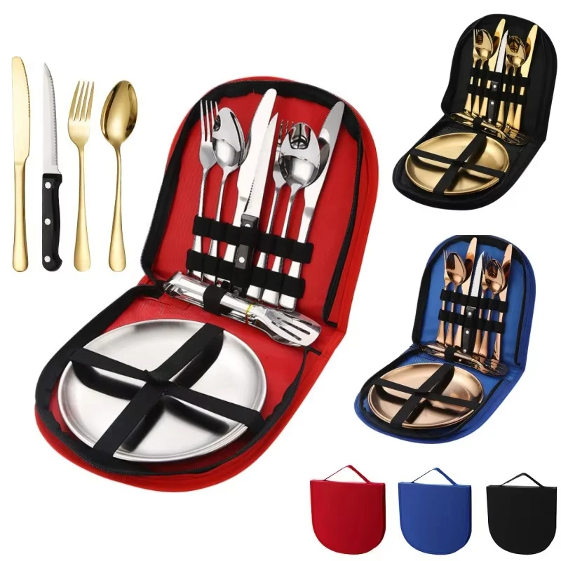 

10Pcs Picnic Portable Set Outdoor Camping Cutlery Organizer Utensil Hiking Tableware Stainless Steel Plate Spoon Knife Fork Tong