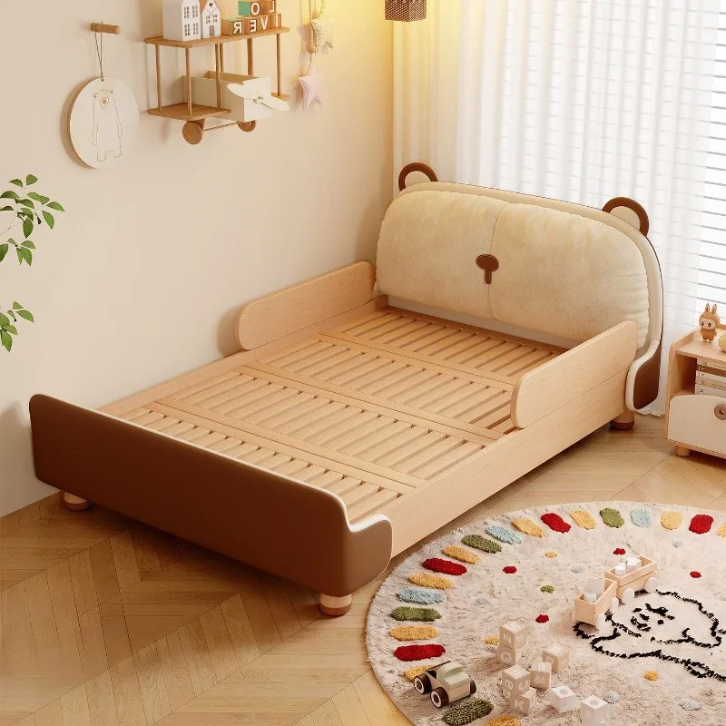 Hug bear bed, boys and girls princess bed, ash wood solid wood children's fun wind soft bag guardrail bed