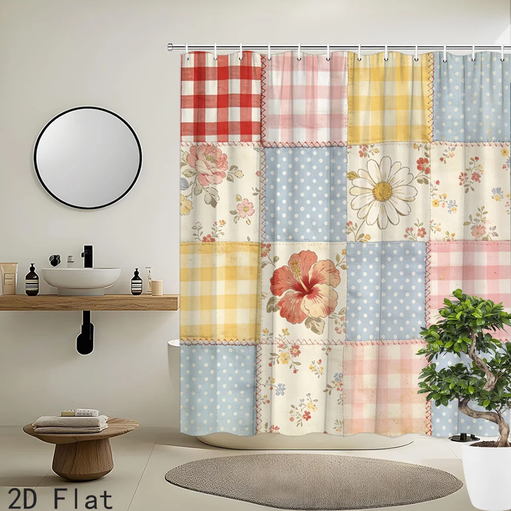 Cute Floral Patchwork Quilt Shower Curtain Waterproof Polyester Liner for Bathroom Decor Home Decoration
