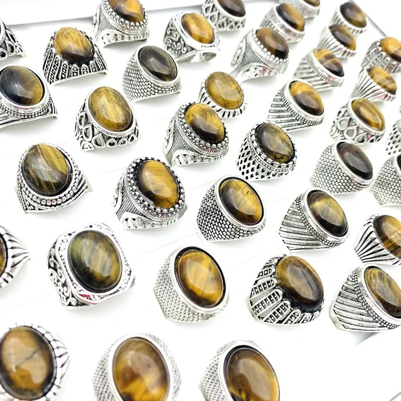 MixMax 20PCs Retro Natural brown Stone Inlay Rings For Men Women Antique Silver Plated Carved Pattern Fashion Jewelry