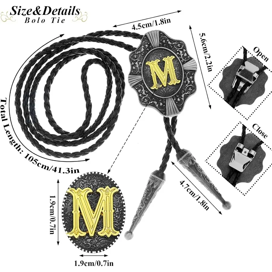2 Pieces Belt Buckle Bolo Tie Small Set with Golden Initial Letter A to Z for Western Cowboy Costume Accessory Perfect for Men