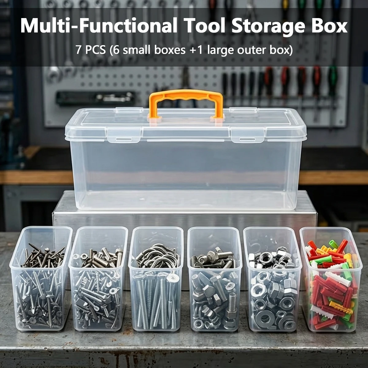 7PCS Hardware Storage Box Set Removable Inner Bins Portable Compartment Organizer PP Tool Case for Screws Nuts Bolts Small Craft