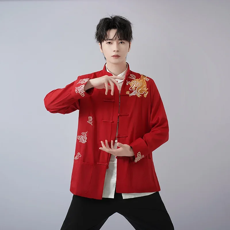 

Chinese Tradition Costume Men Tang Clothes Vintage Embroider Dragon Hanfu Costume Kung Fu Shirt Uniform Big Size 3Xl Jackets