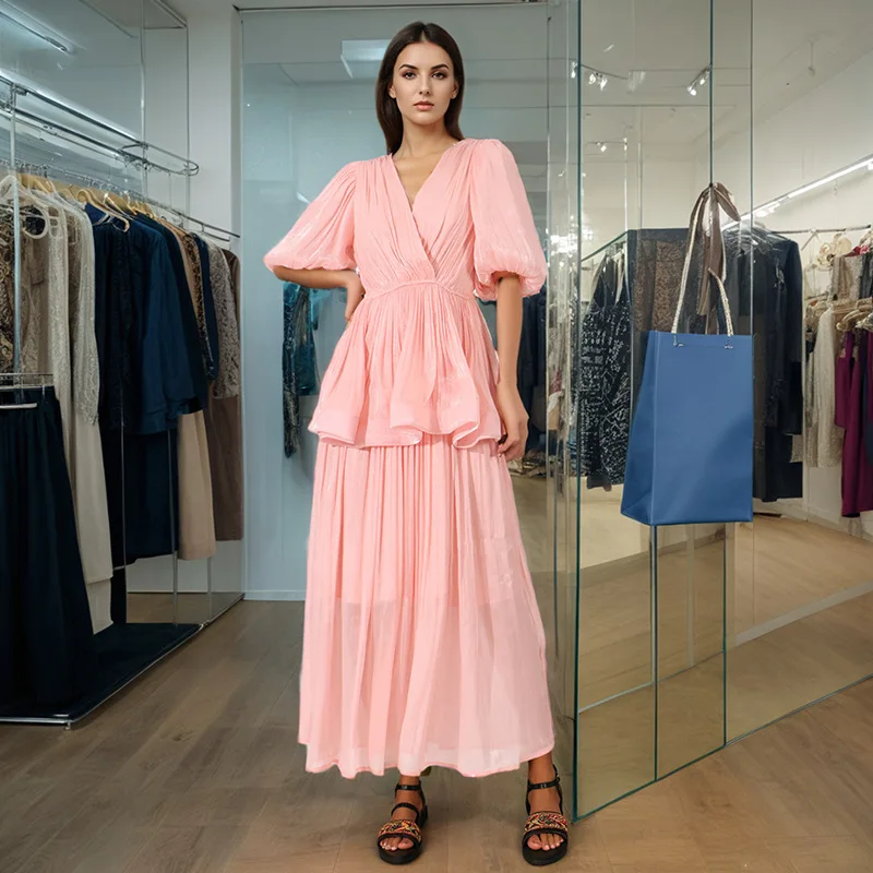 

Solid Patchwork Elegant Dresses For Women V Neck Puff Sleeve Temperament Slimming Dresses Female Fashion Dress