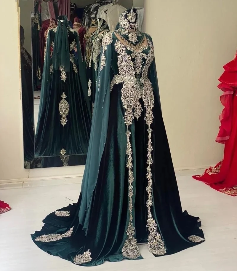 Teal Moroccan Kaftan Muslim Evening Dresses A-line Sheer Appliques Dubai Arabic Turkey Caftan Abaya Islamic Gown Customized