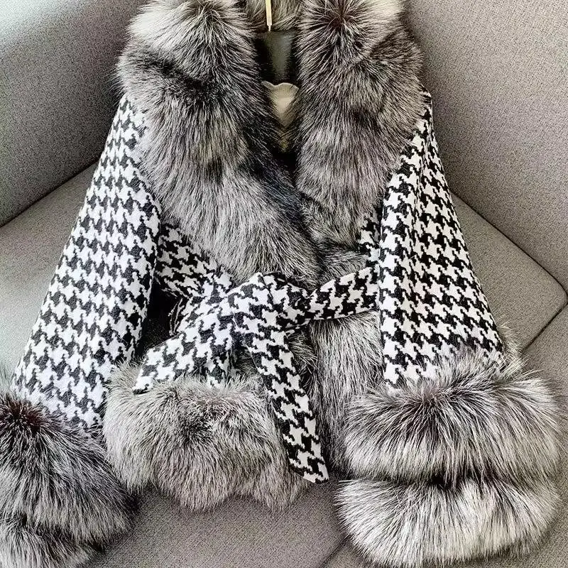 Women Print Faux Fur Jackets Long Sleeve Thick Warm Cardigan Furry Collar Short Coat Streetwaer Spliced Belt High Street Winter