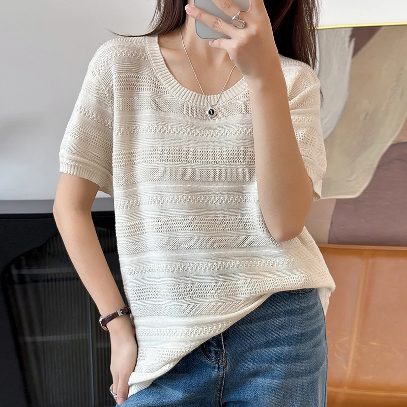 Summer New Women's Short Sleeve Round Neck Knitted 100% Cotton T-shirt Solid Color Women's Pullover Short Sleeve FashionHot Sale