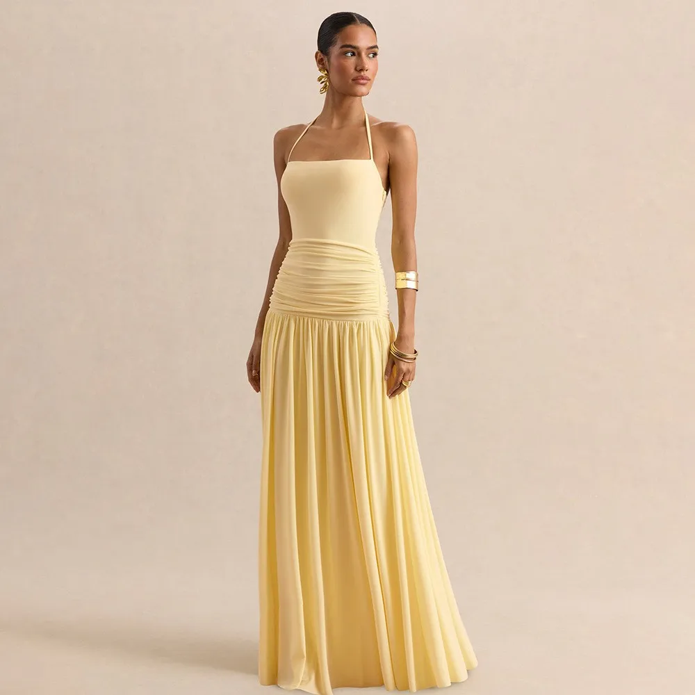 Women's Elegant Pleated Wedding Guest Dress for Summer Wedding Party Evening Sleeveless High Waist Backless Long Wrap Dress