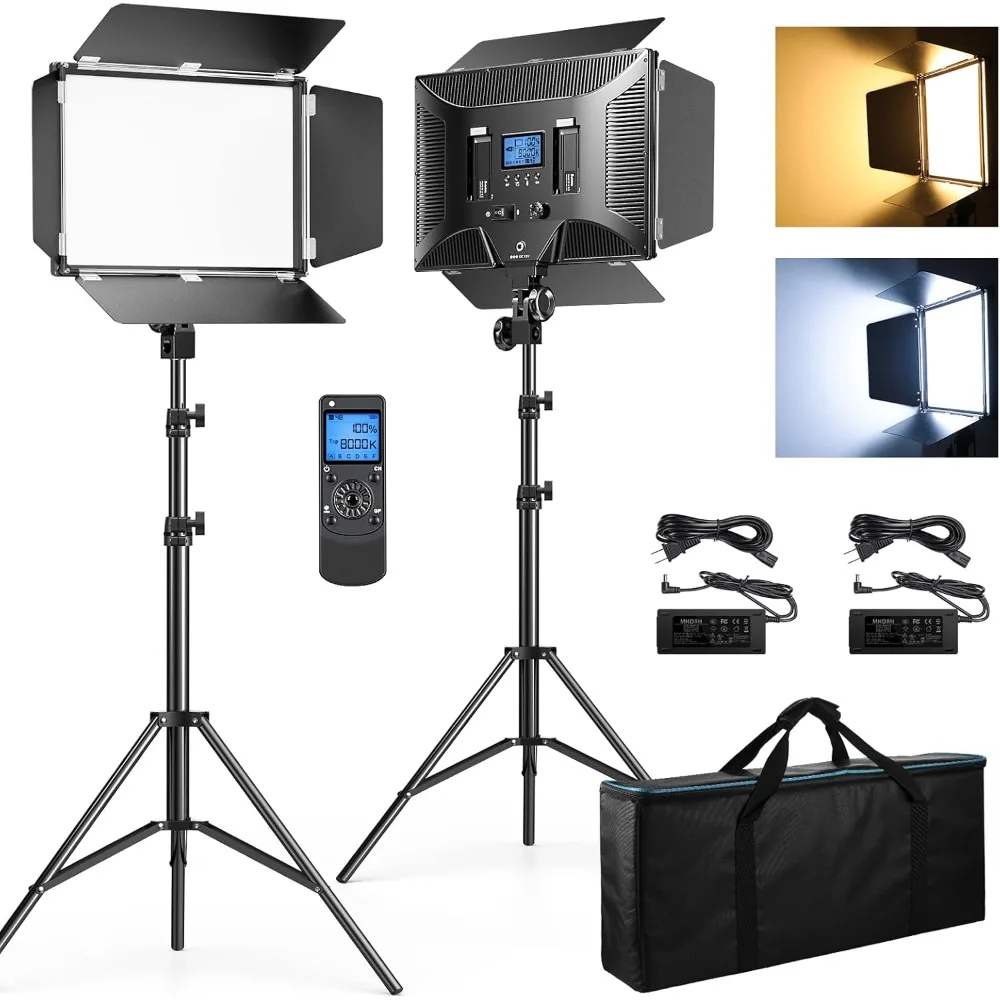 Iluminación de fotografía, paquete de 2 luces LED de vídeo con control remoto, panel de luz bicolor regulable de 45 W para transmisión en vivo/tipos de bodas