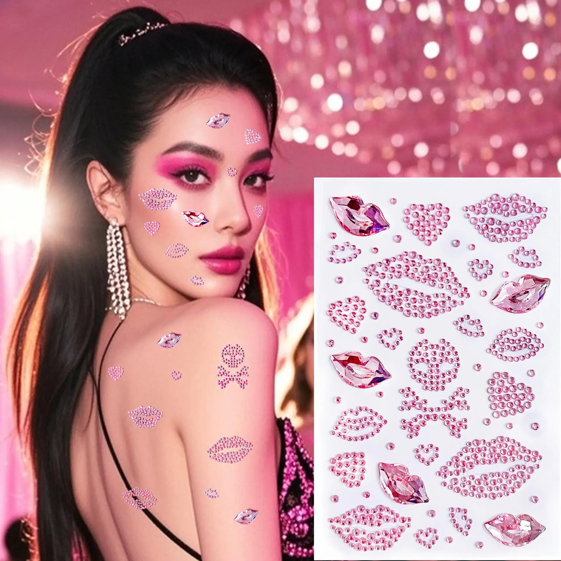 1 Sheet Cute Pink Bow Self-Adhesive Stickers Heart Star Gem Decoration Stickers Suitable for Facial Makeup Postcard Book Cutters