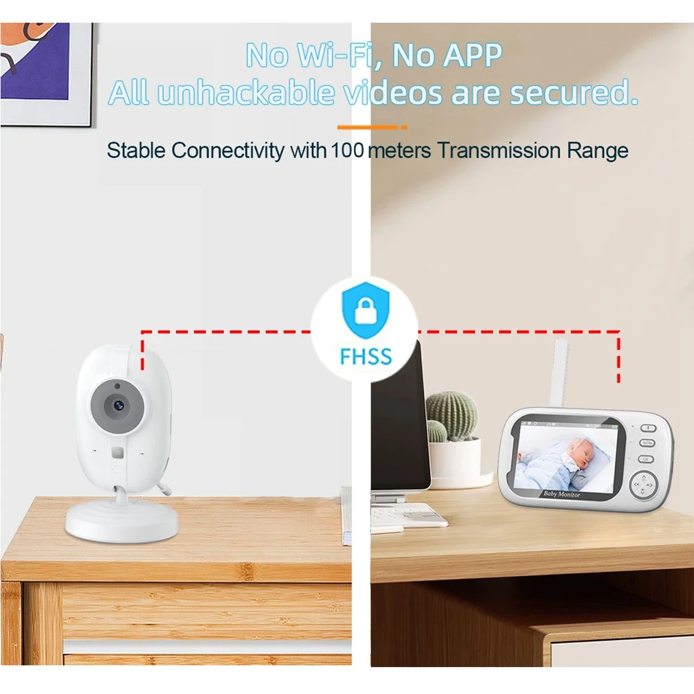 HOTA43T Video Baby Monitor, Baby Caregiver, 3.5Inch IPS Screen Baby Camera Monitor Lullaby Feeding Alert,EU Plug Easy To Use