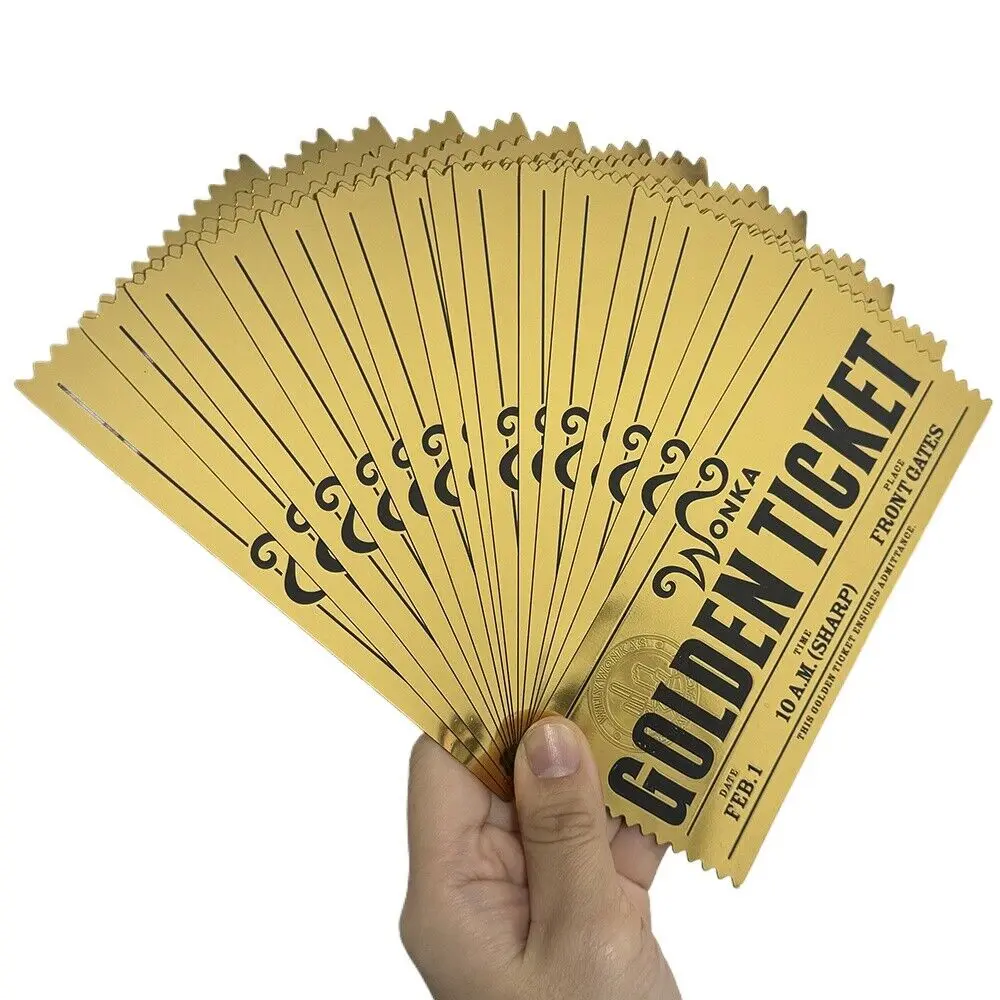 1/5/10/100 pcs Beautiful Wonka Golden Tickets Willy Chocolate Gold Tickets for Great Kid Christmas Gift