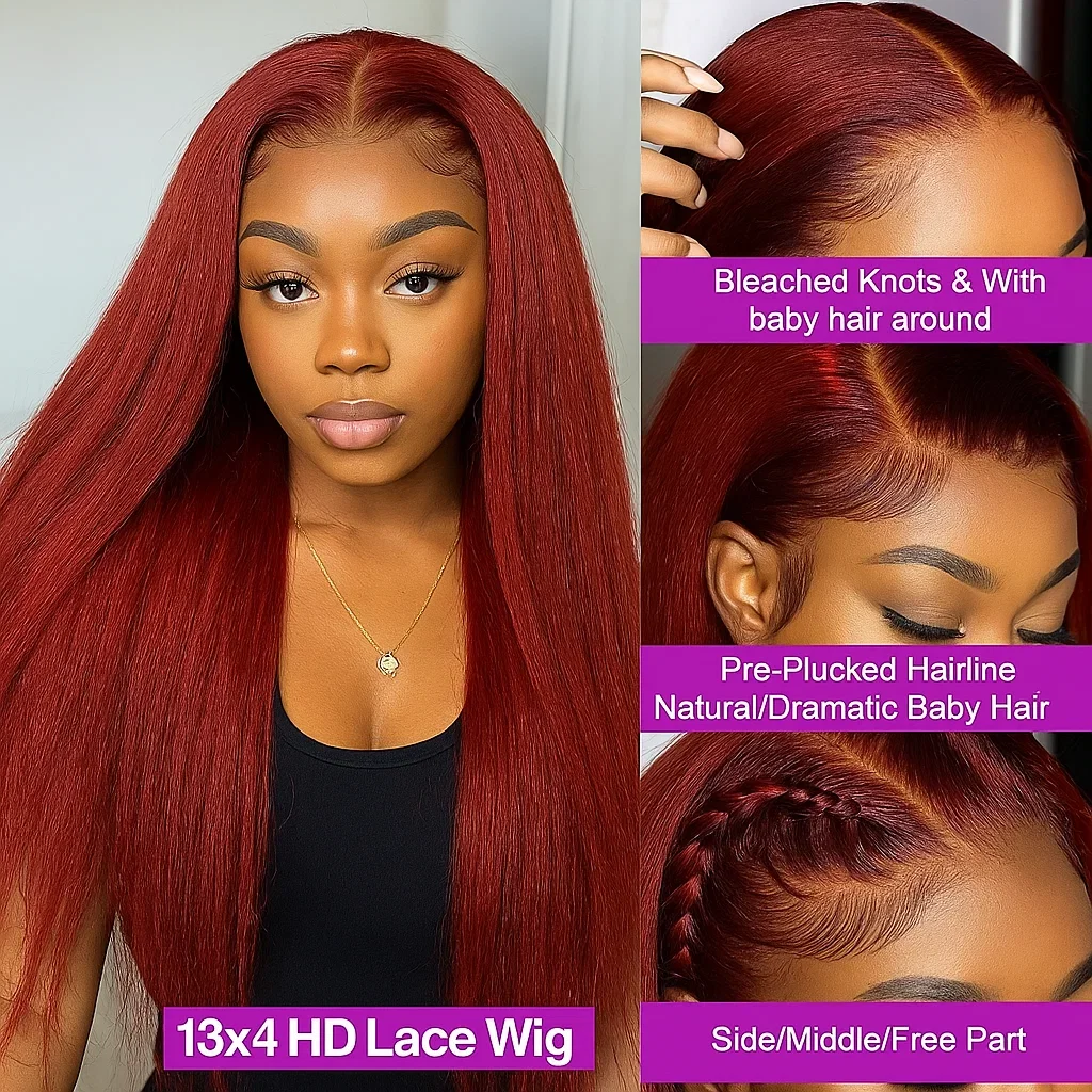 Wig Rambut Asli Wanita Warna Coklat Kemerahan Keriting Lurus 13x4 Lace Front, Wig Keriting Lurus Yaki Warna Tulang dengan Lace Frontal
