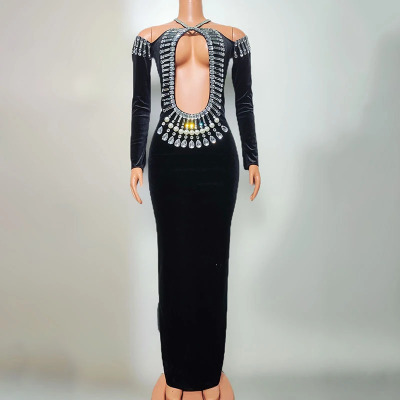 2025 Women Luxury Designer Sexy Cut Out Long Sleeve Crystal Maxi Long Velvet Dress Celebrity Evening Club Party Gala Gowns
