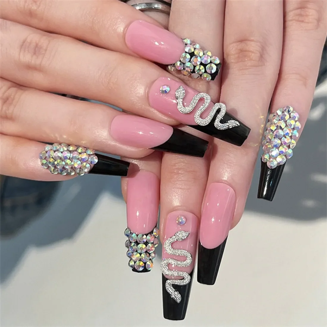 24pcs  Artificial Acrylic Nail Art Fake Nails Full Coverage Press On Nails Tips Square Head Pink Long Ballet Diamond False Nail