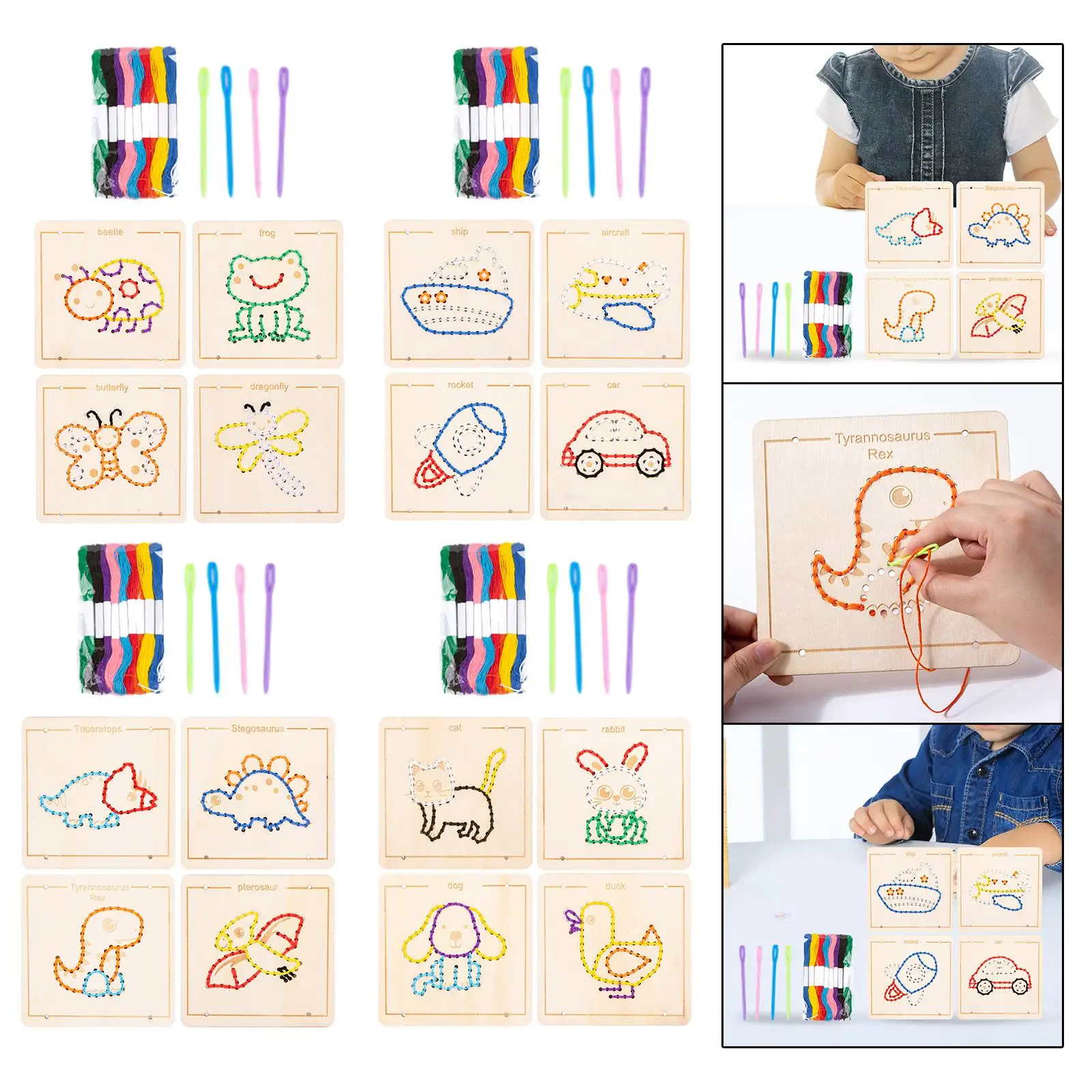 Kids Embroidery Puzzle Wooden Lacing Toy Threading Board Dress Up Skills Pattern Threading Game for Children
