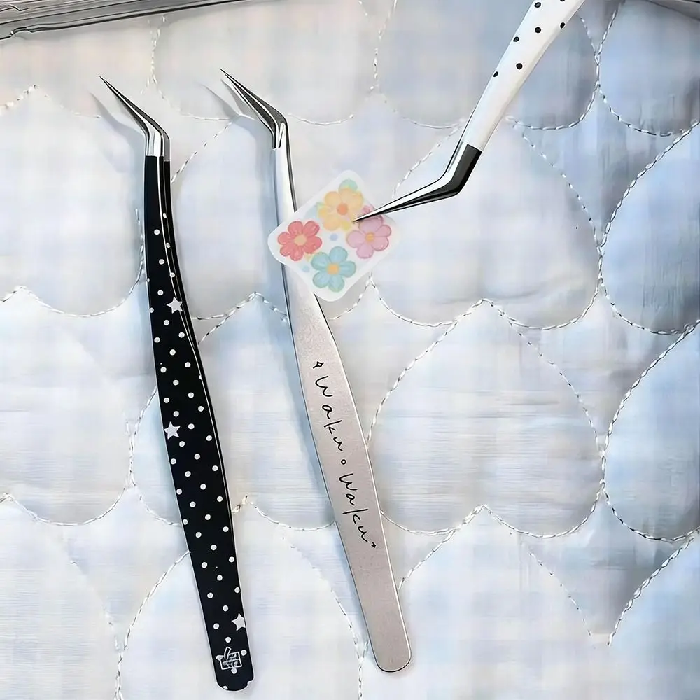 Stainless Steel Curved Stickers Tweezers High Precision Anti-static Lashes Extension Tweezer Cartoon False Eyelash Tweezers