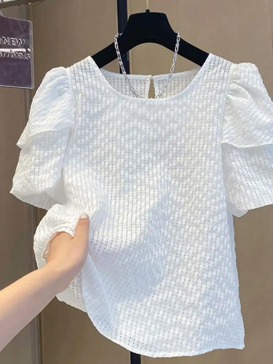 new-2024-women's-loose-bubble-sve-blue-chiffon-top-beautiful-ket-handkerchief-casual-sle-pure-color-faionable