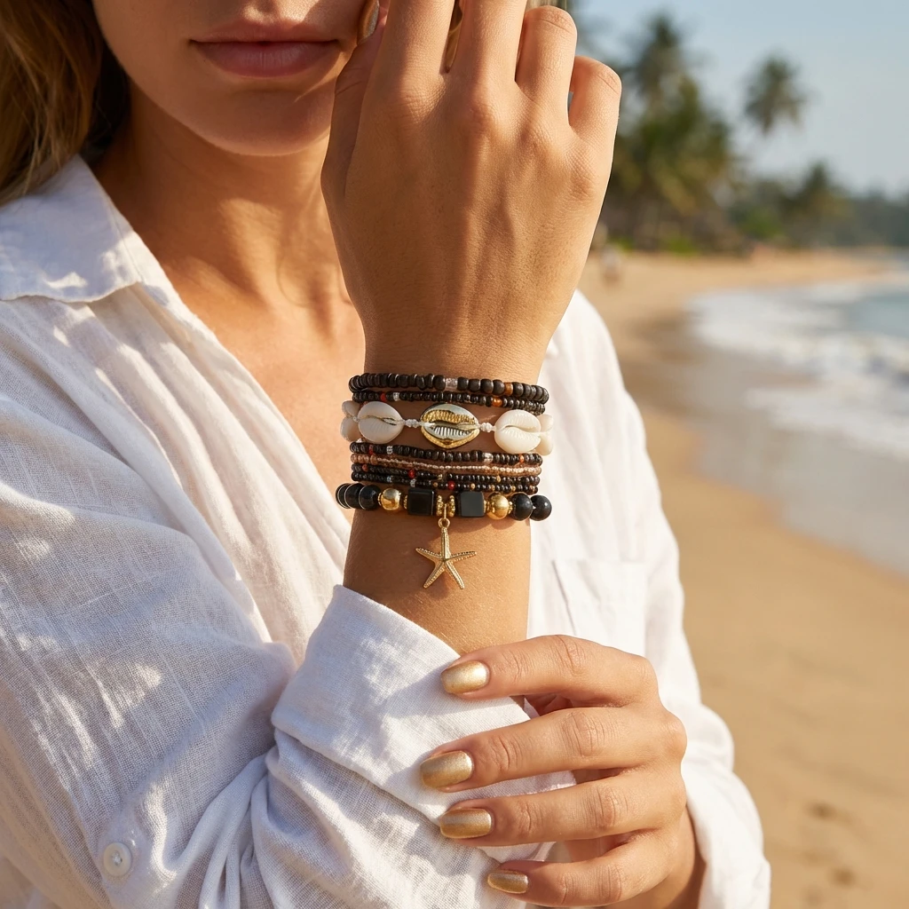 Böhmisches Mehrschichtiges Perlen-Armband-Set für Frauen Sommer Ozean Strand Seestern Charm Armband Urlaub Handschmuck Geschenk – Detail 4