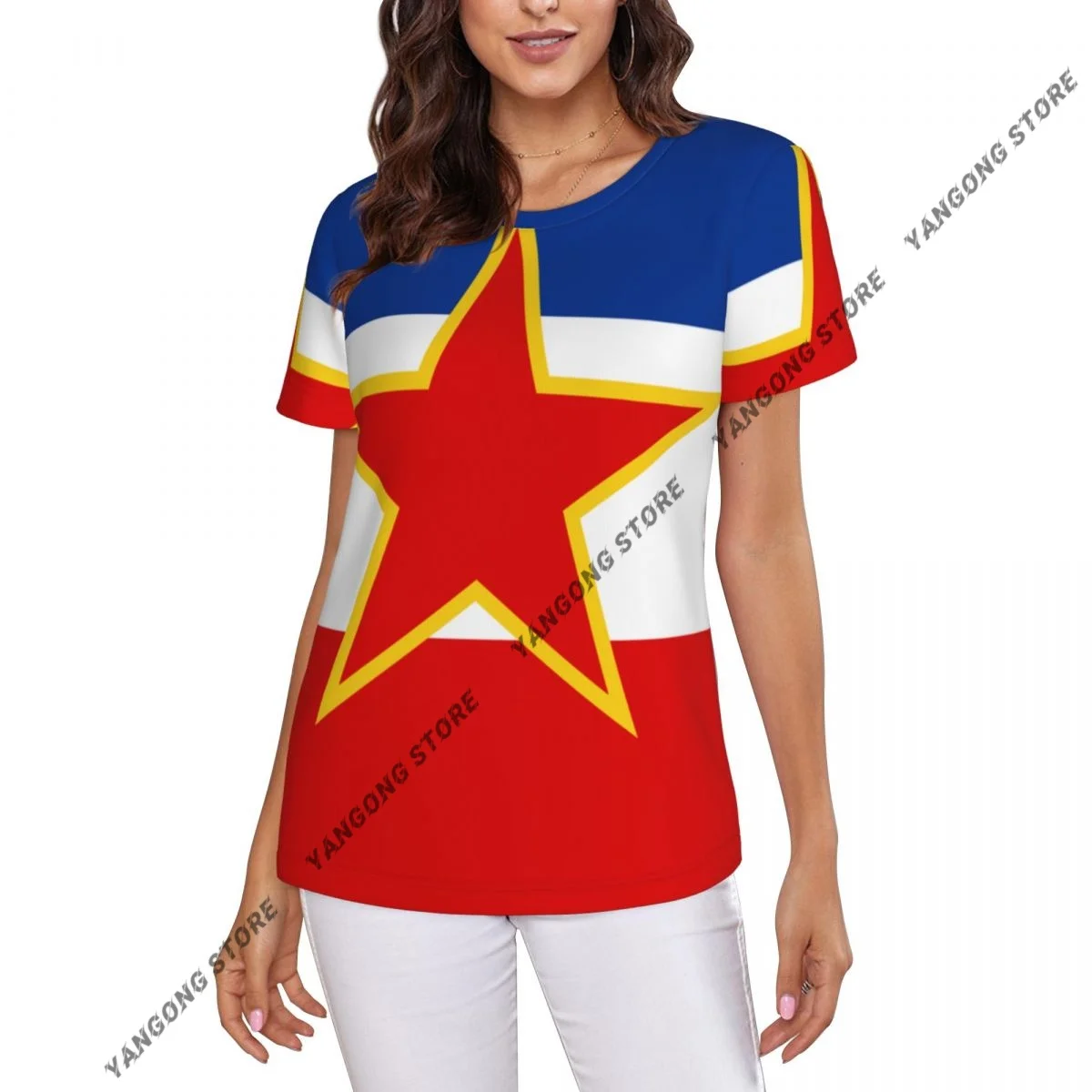 

Women's T-shirt ladies casual Yugoslavia Flag female T-shirt short-sleeved T-shirt summer thin tops