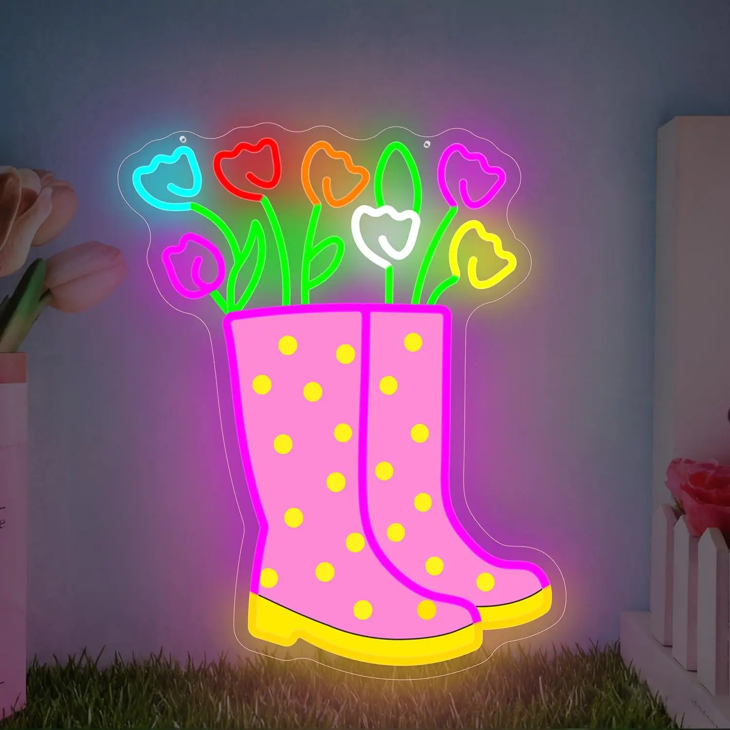 Spring Tulips Rain Boots Neon Sign USB Dimmable LED Light for Wall Decor Home Garden Office Easter Party Art Decoration Gifts
