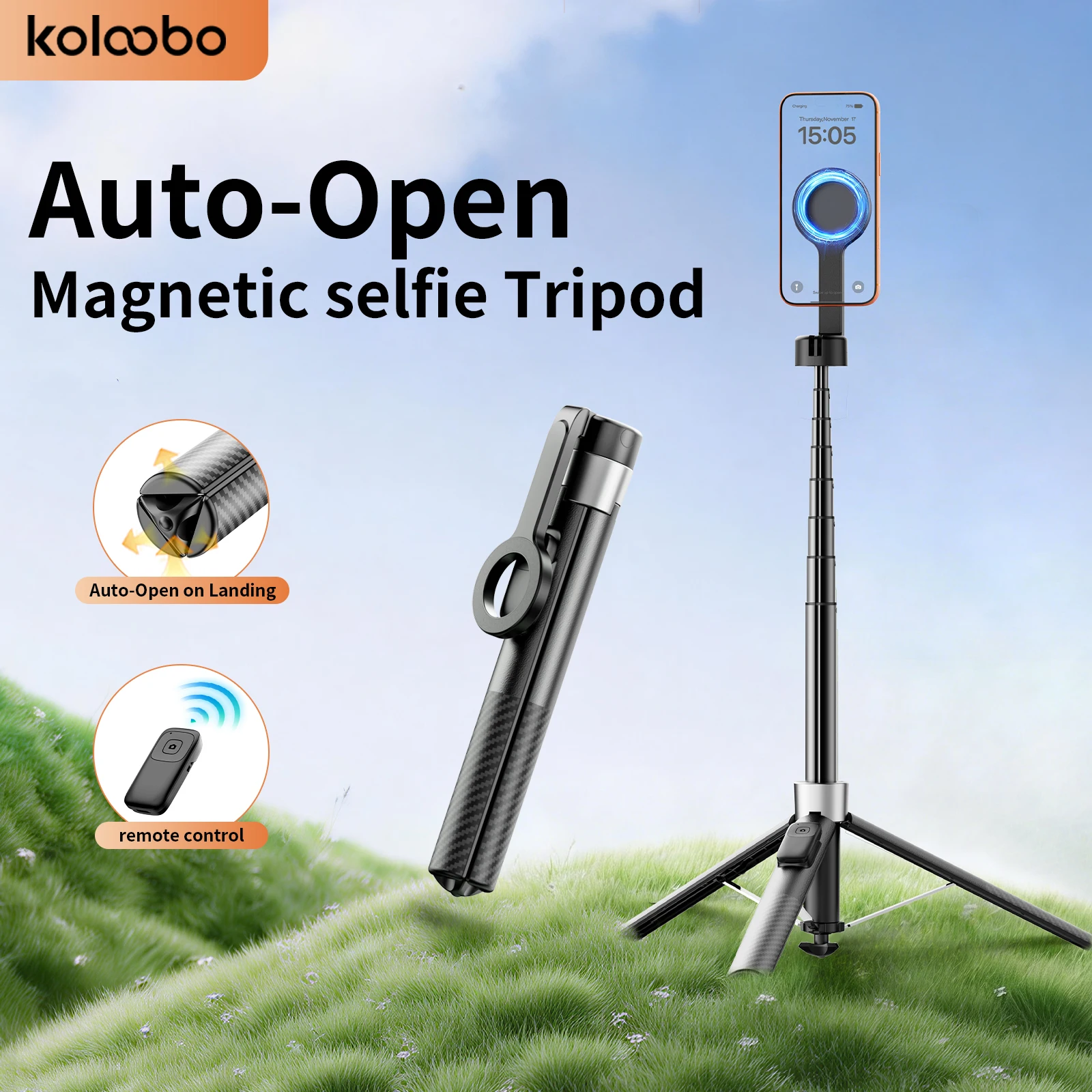 Bastão de Selfie Magnético Dupla Face Extensível de 1,8m com Tripé de Abertura Automática e Controle Remoto para iPhone 17/16/15, Transmissão ao Vivo e Vlog