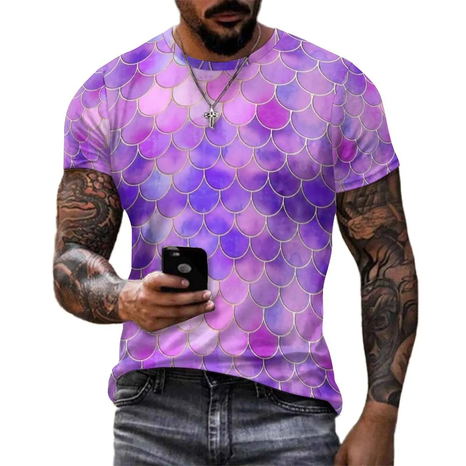 Summer T-Shirt Watercolor Purple Pink Mermaid Scale T-Shirts Kawaii Fashion Tee Shirt For Male Short Sleeve Print Plus Size Tops