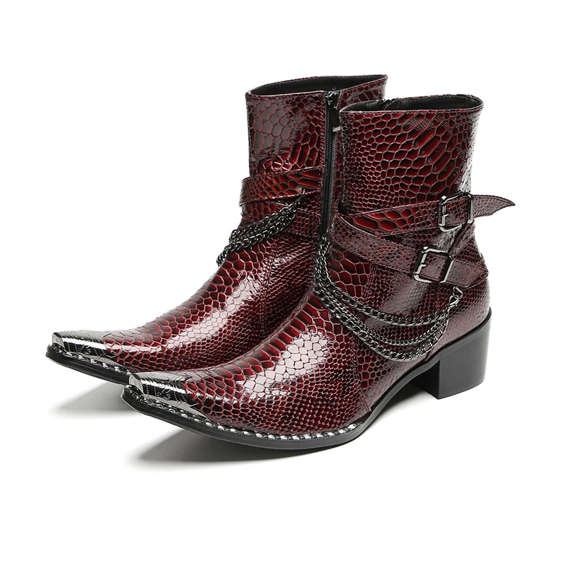 

High Leather Boots Men Genuine leather Zip Pointed Toe Metal Head Mid-Calf Boots 5cm Buckle Strap Increased Heel Winter Boots