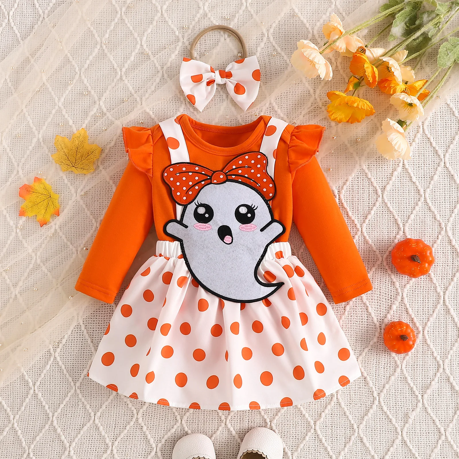 

Halloween Children's Clothing Autumn Long-Sleeved Jumpsuits Cute Ghost Harness Dress Hair Band 3-Piece Set for Baby Girls