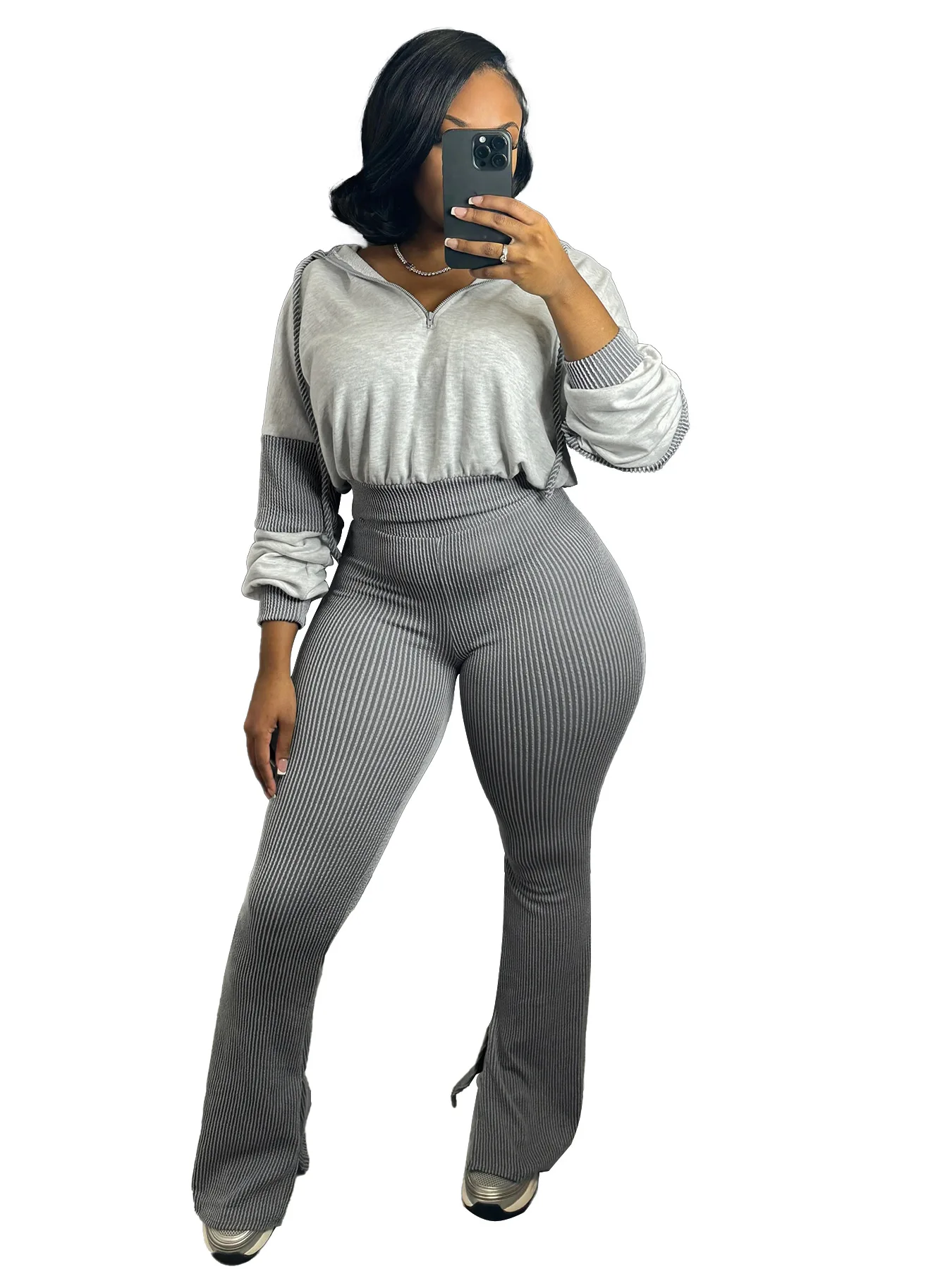 شعار مخصص الملابس النسائية الأوروبية والأمريكية تويست قطاع سترة الربط مقنعين جرس السراويل قطعتين مجموعة