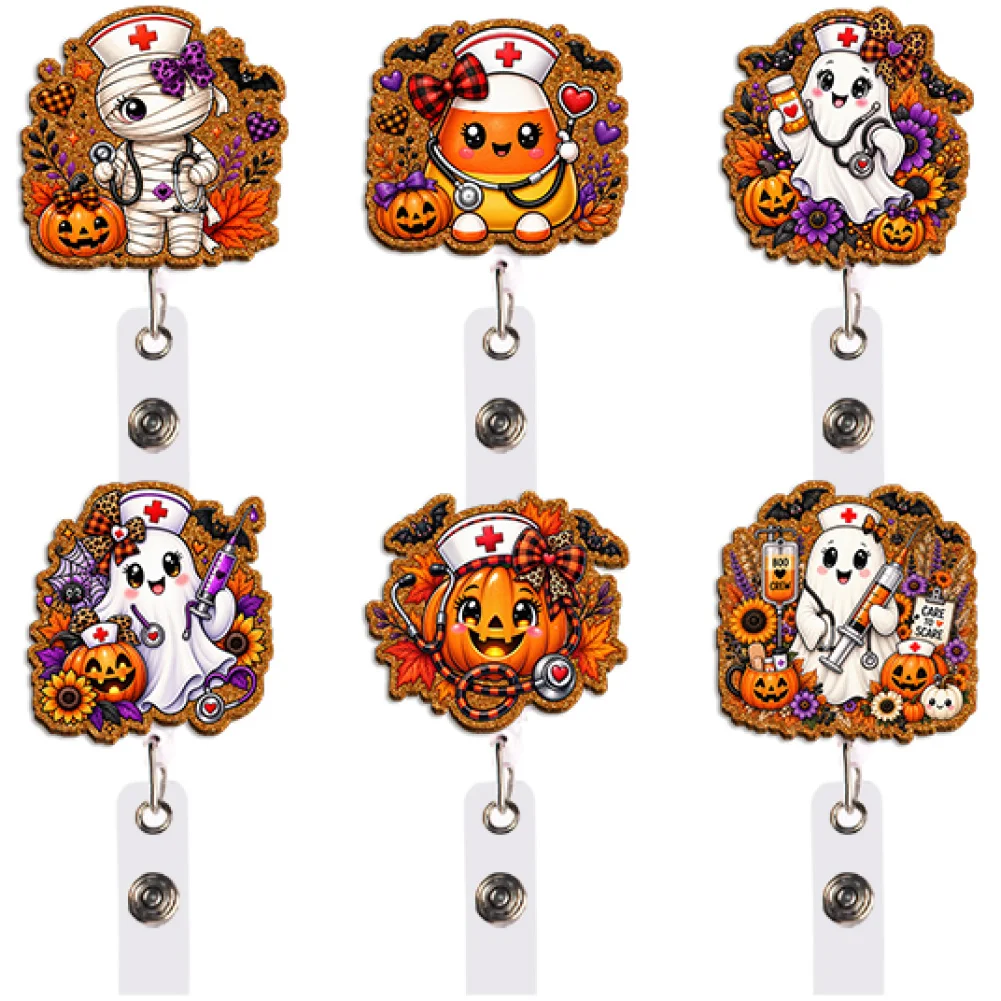 Colorful Pink Nurse Badge Reel Retractable ID Holder Halloween Skeleton Ghost Pumpkin Unique Gift for Fantasy Lovers