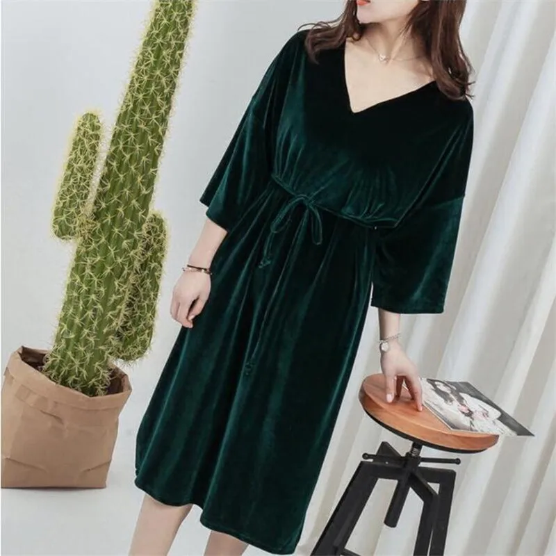 2024 Women Spring Autumn half Sleeve straight dress vintage Velvet V-Neck sashes edium Long dress Vestido  Women dress