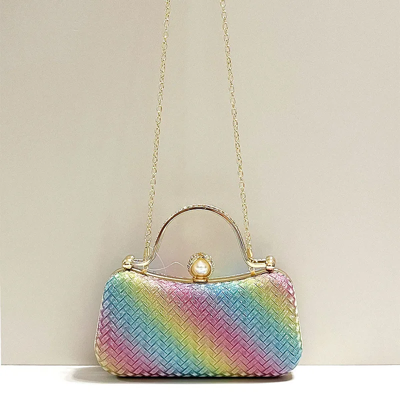 Women's Glitter Rainbow Evening Handbags Sparkly Sequins Weaving Wedding Party Clutch Bag Box Lady Shoulder Chain Top Handle Bag