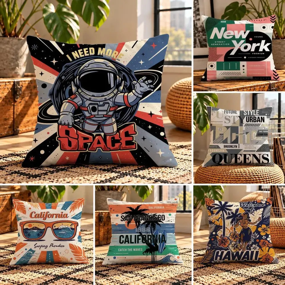 art Tropical Beach Surfing Graffiti Cushion Cover Short Plush Throw Pillow Cover Soft Cozy Cushion Case for Sofa Bedroom Home