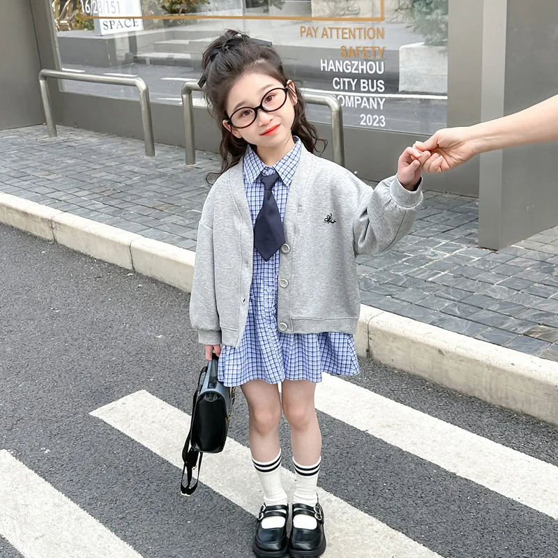 

Girls Plaid Shirt Dress Children's College StyleAGray Cardigan Set with Skirt Stylish Jacket Trendy