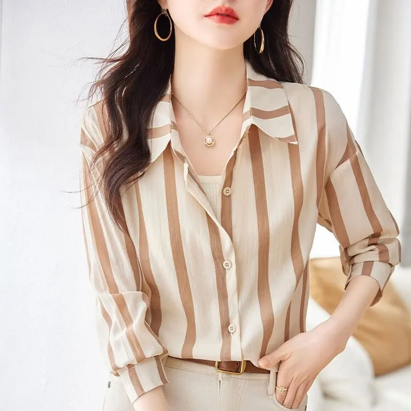 Commute Korean Striped Shirt Women\'s Clothing Casual Loose Single-breasted 2024 Spring Summer Fashion Polo-Neck All-match Blouse