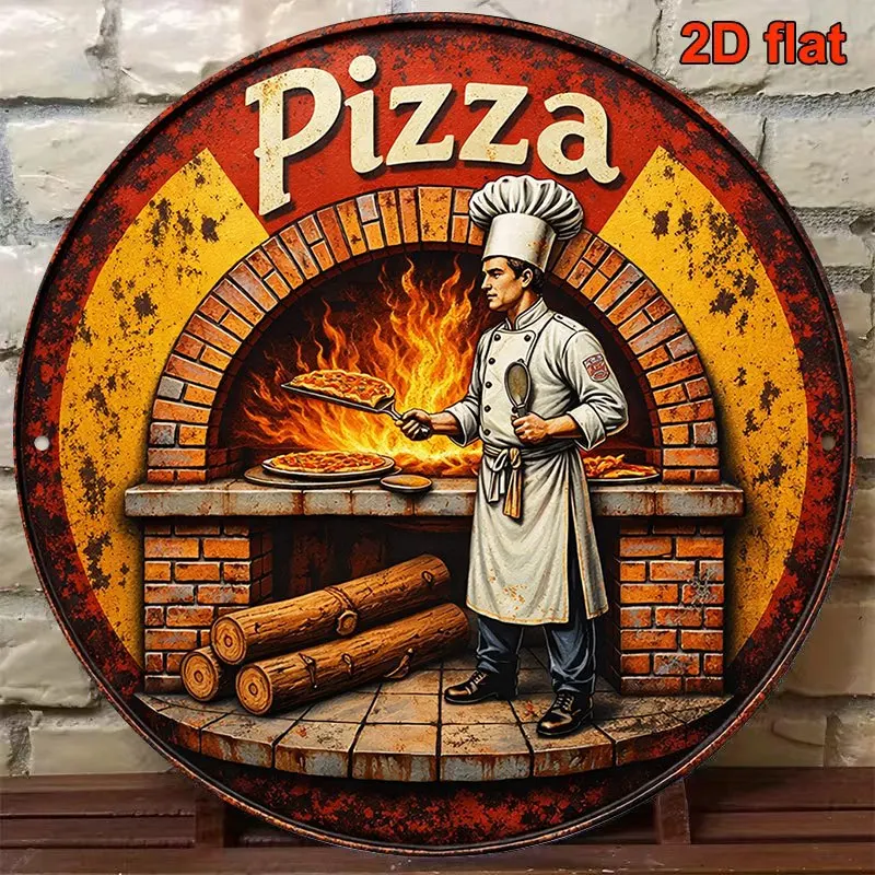 2D Flat Retro Pizza Chef Round Aluminum Sign - Handmade Pizza Shop Wall Decor for Kitchen Restaurant Bar Home Gift