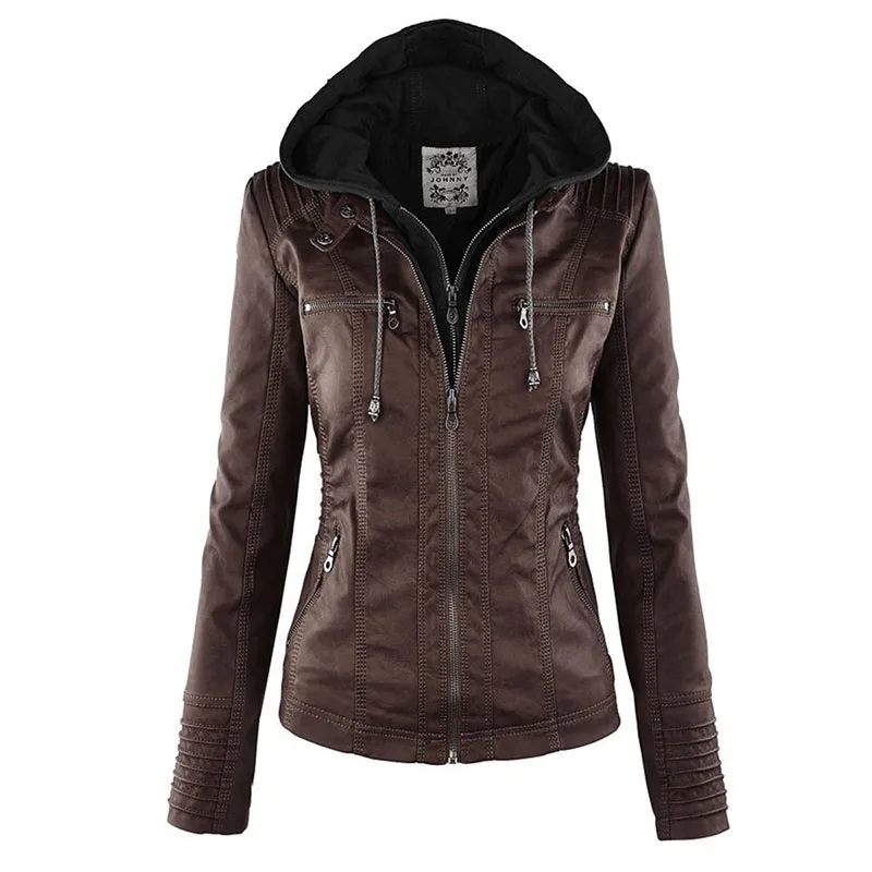 Faux Leather Jacket Women 2022 Khaki Winter Motorcycle Jacket Gothic Hoodies Outerwear Faux Leather PU Basic Jacket Coat