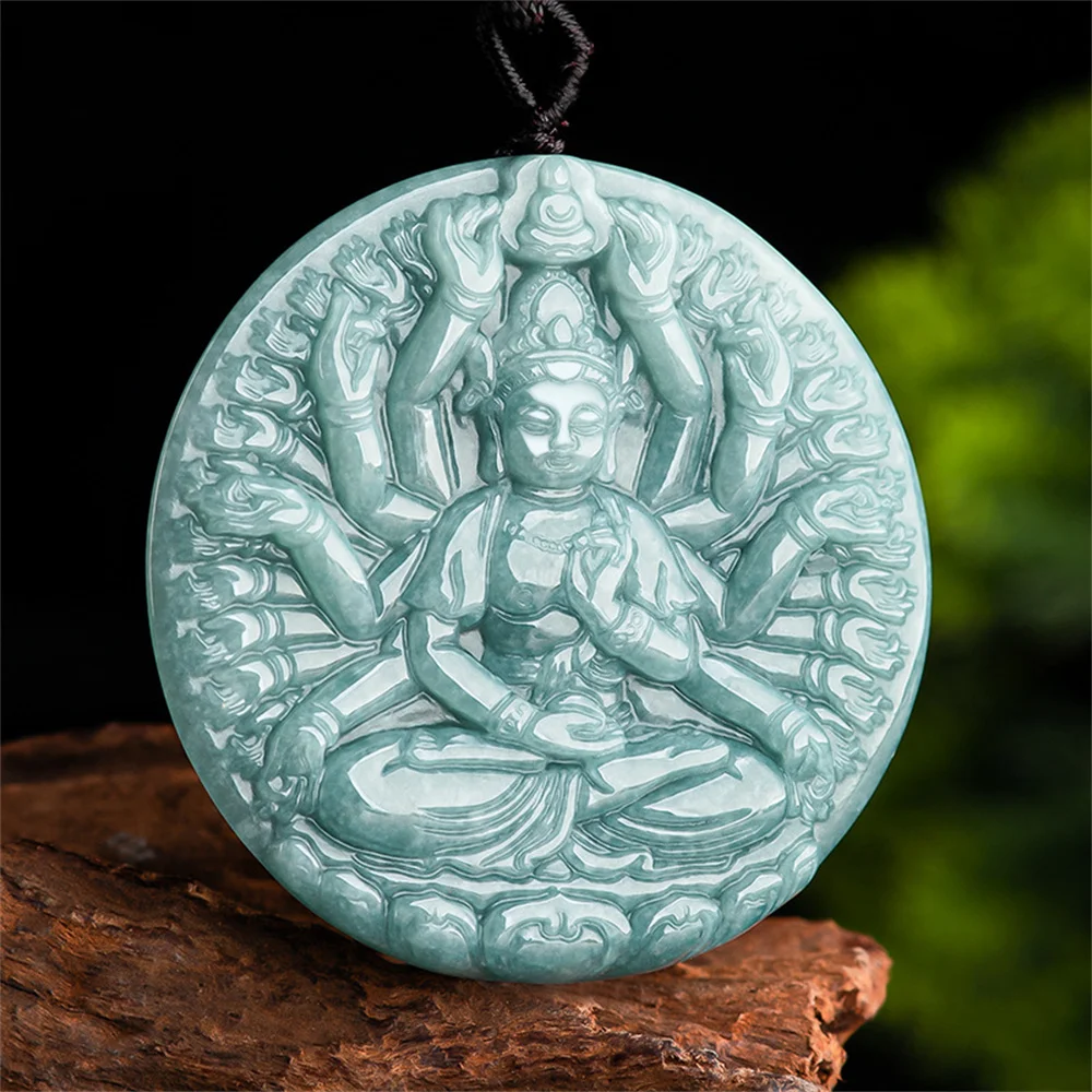 Trendy Natural Ice Green Jadeite Carved Thousand Hand GuanYin Pendant Amulet Necklace Certificate Luxury Jade Gift Jewelry