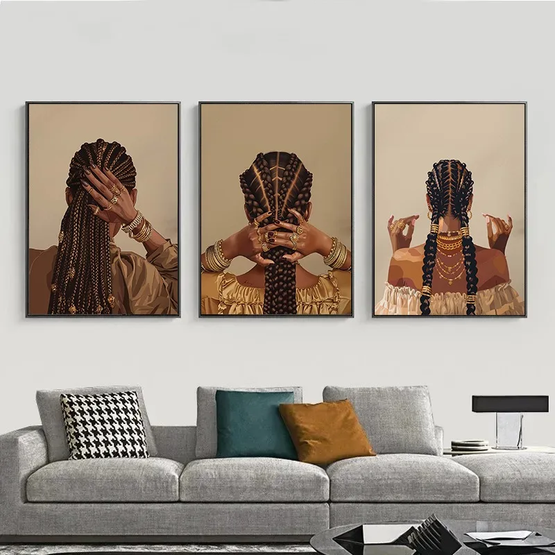 African American Black Woman Poster Cool Girl Hairstyle and Gold Jewelry Canvas Painting Wall Art for Living Room Home Decor