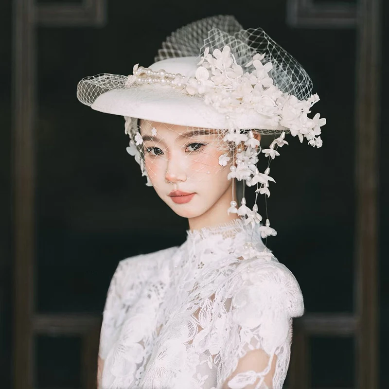 french-hepburn-hat-retro-gauze-white-pearl-hat-bridal-veil-dinner-dress-headdress