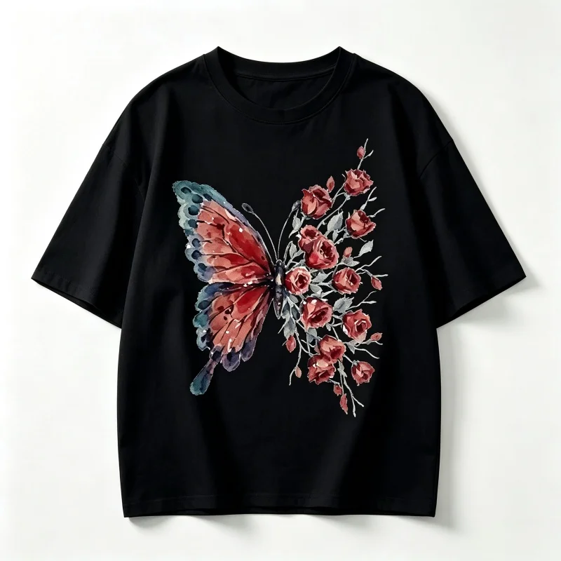 2026 Women's Watercolor Butterfly Rose Printed T-shirt Bohemian Retro Art Flower Style Pattern Fashion Casual Top