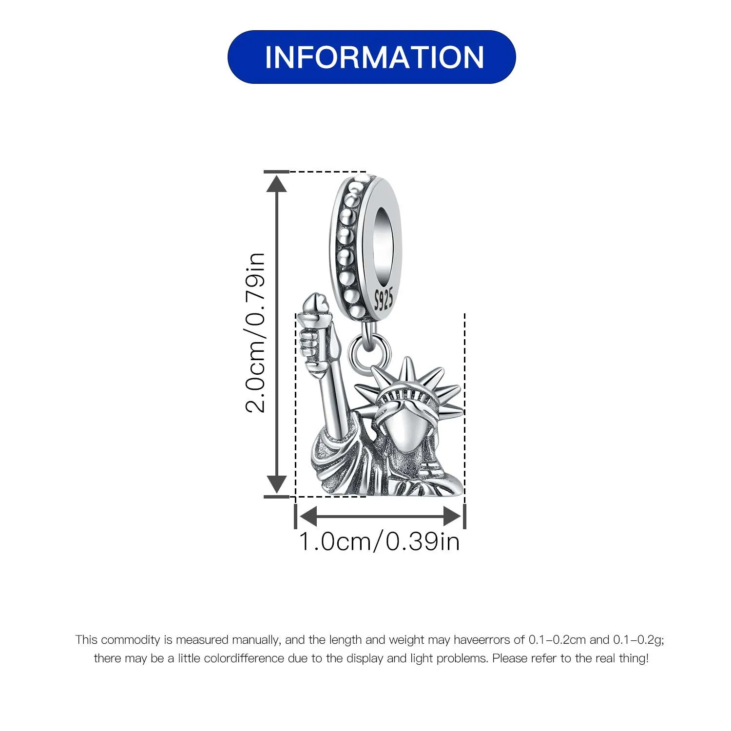 Originale S925 Sterling Silver Heart Simbolo fortunato Statua della Libertà Ciondolo Perline Braccialetti adatti Collana Regali per feste fai da te Gioielli
