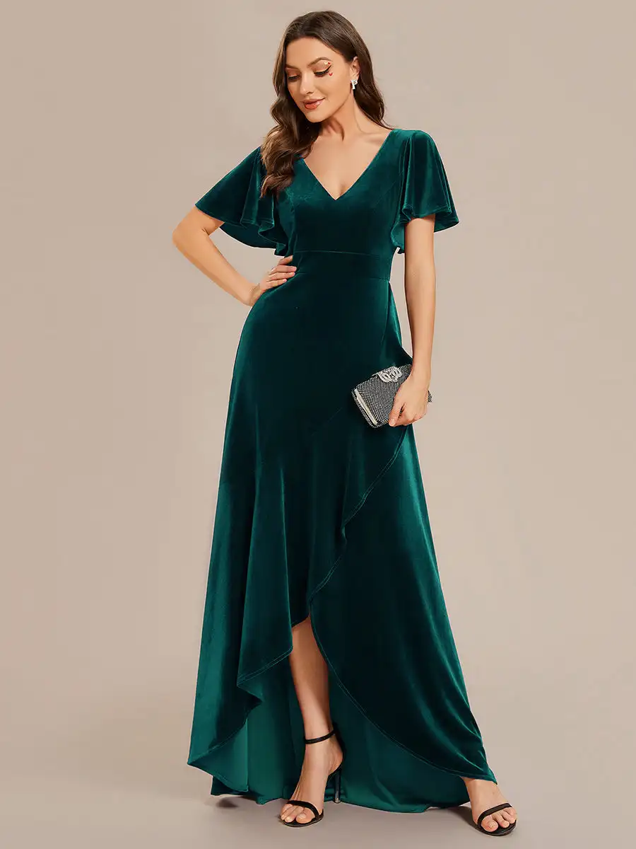 

Elegant Evening dresses Lotus Leaf Ruffles High-low V Neck with Short Sleeves 2024 BAZIIINGAAA of Dark Green Bridesmaid Dress