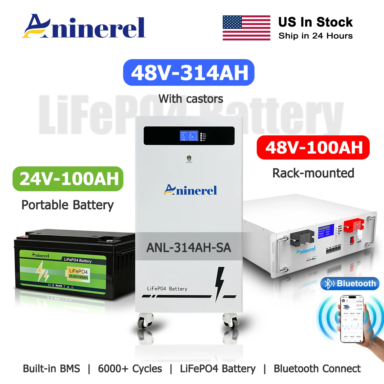 Lithium Battery 100Ah - Batería Aninerel LiFePO4 12V 24V 48V