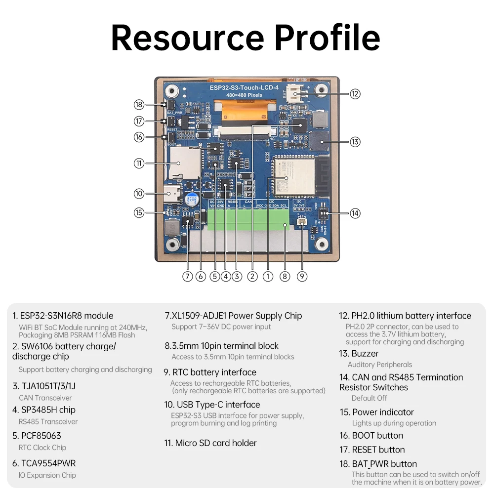 ESP32-S3 wifi bluetooth placa de desenvolvimento 4 polegadas lcd tela de toque capacitiva 32 bits lx7 2 núcleo processador tipo-c kit diy
