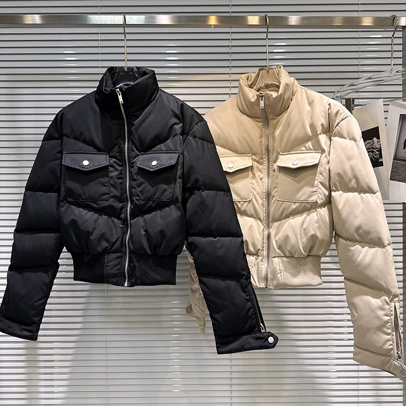 2025 winter new handsome workwear style stand up collar waist cinched warm cotton coat women short style cotton jacket